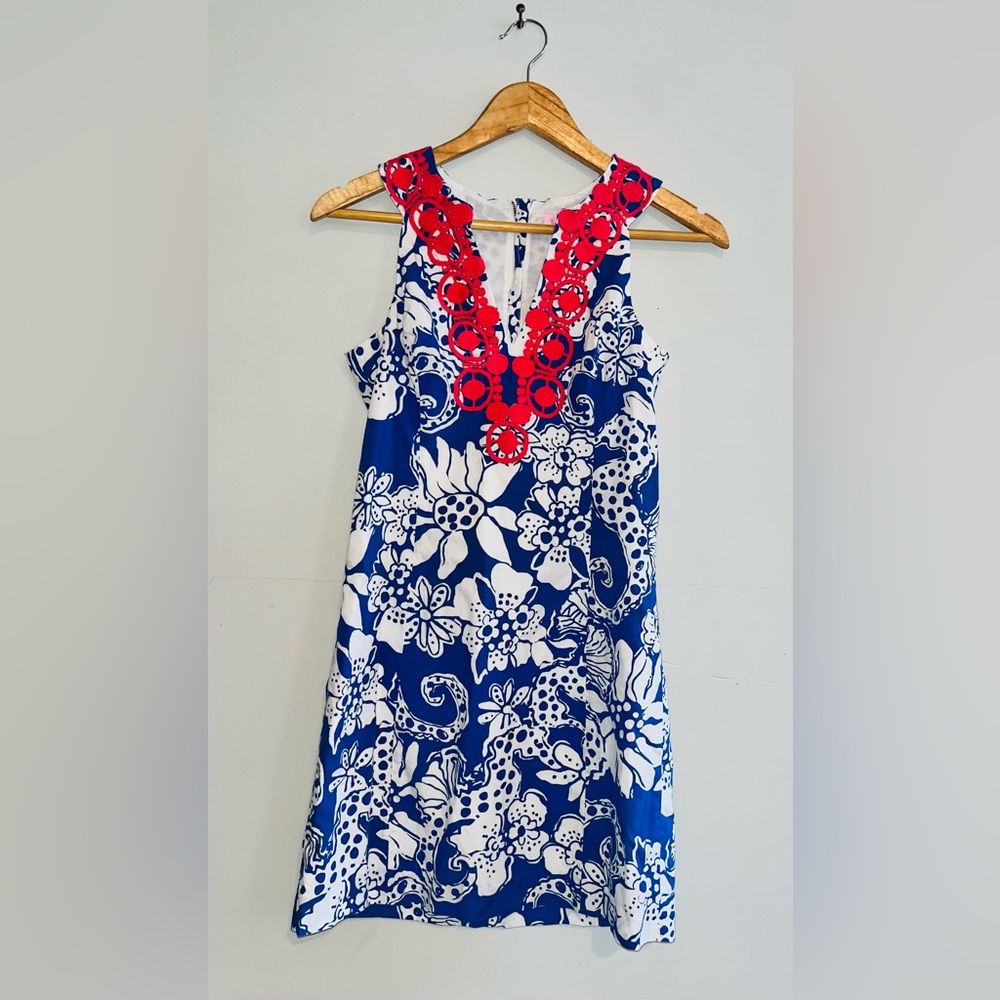Lilly Pulitzer Augusta Shift Dress Blue & coral sz 2 - Picture 2 of 11